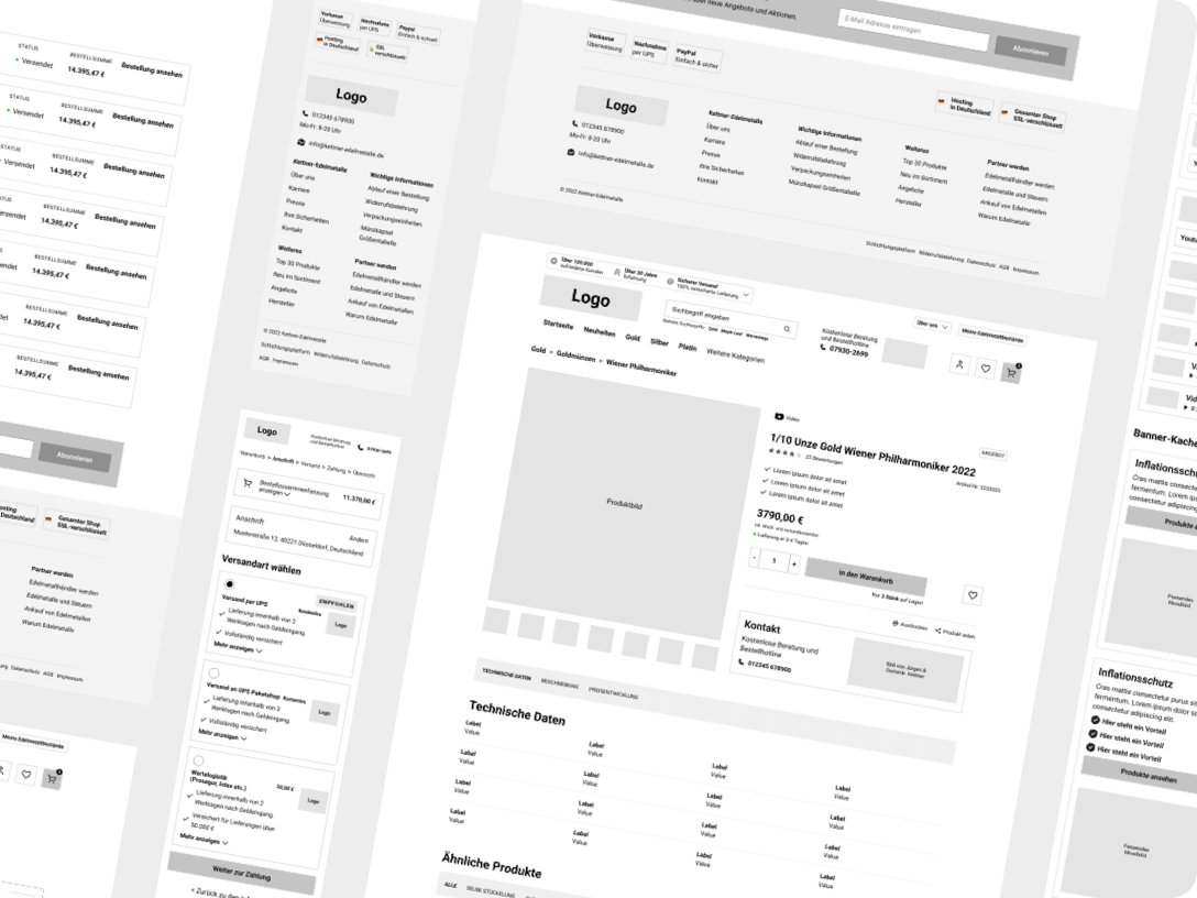 Overview of different wireframes of the online store of Kettner Edelmetalle